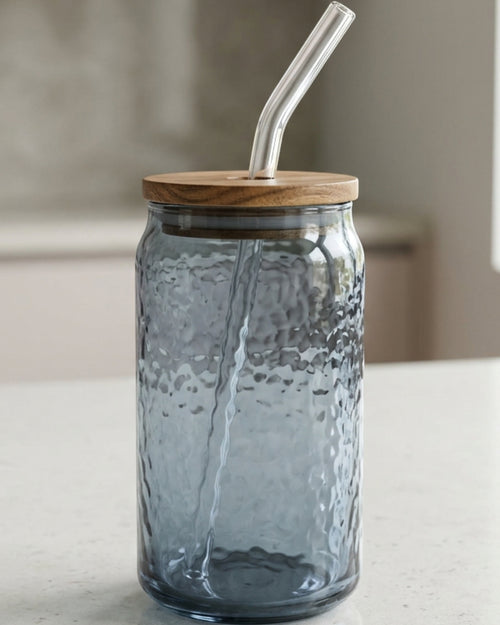 Plvnd Can-Shaped Hammered Glass with Acacia Lid and Straw 16 oz Smoke Blue - Lifestyle view