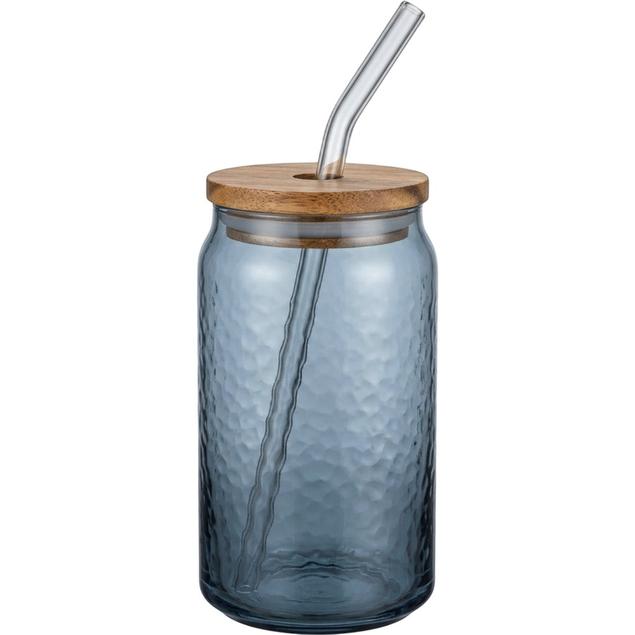 Plvnd Can-Shaped Hammered Glass with Acacia Lid and Straw 16 oz Smoke Blue