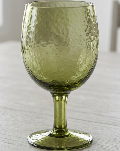 Plvnd Short-Stem Hammered Water Goblet 13 oz Moss Green - Lifestyle view