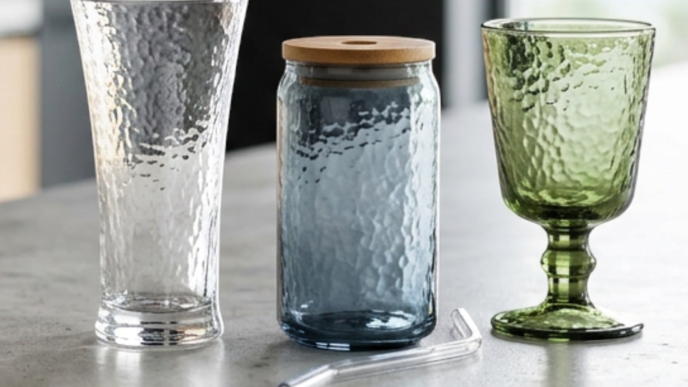 Plvnd Hammered Glass Tumblers, Highball Glasses, and Water Goblets